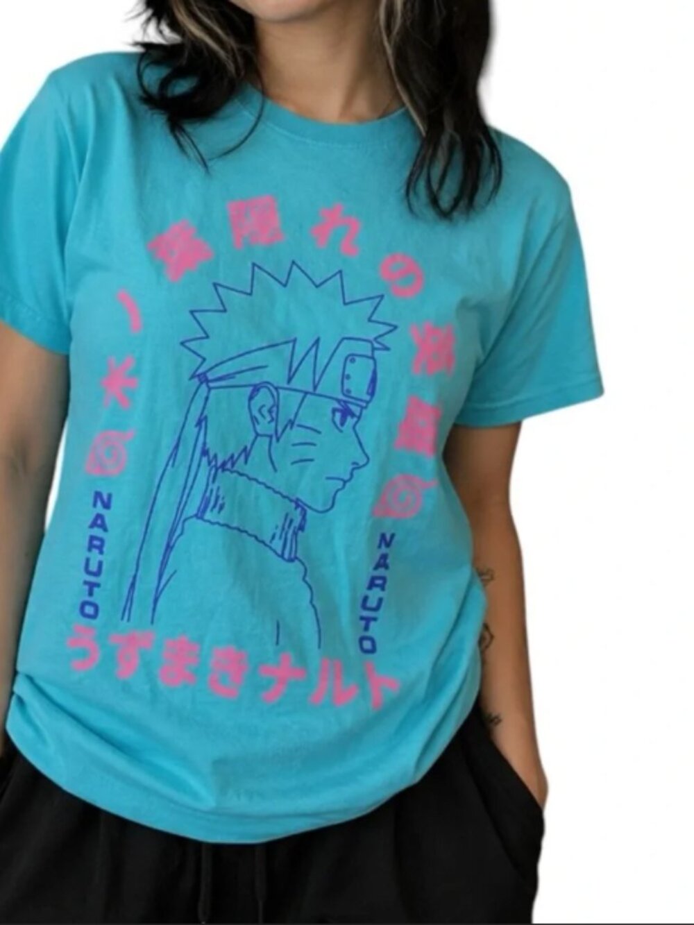 Naruto Uzumaki Graphic Tee Aqua Pink Anime Manga Short Sleeve T-Shirt Size Small